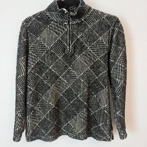 Talbots Womens Small Black White Geometric Diamond Fleece‎ Quarter Zip Pullover